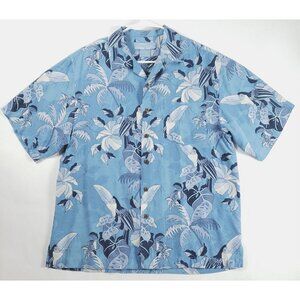 Bermuda Bay Shirt Mens Medium Blue 100% Silk Hawaiian Floral Toucan Short Sleeve
